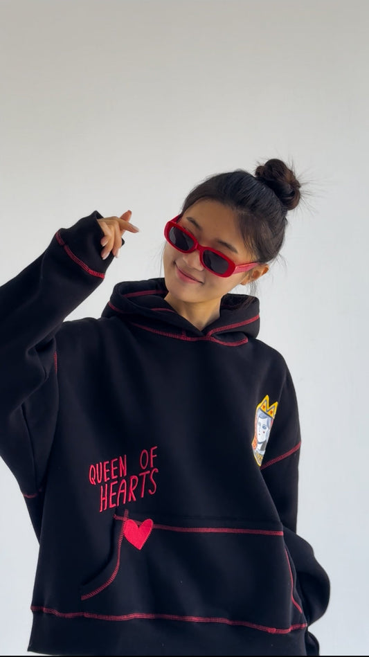 Queen of Hearts - Oversized Fleeced Cotton Hoodie